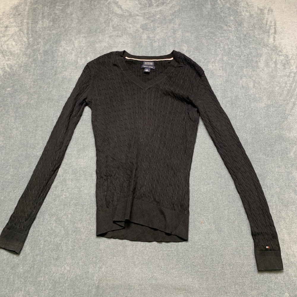 Tommy Hilfiger Sweater Womens Small Black Cable Knitted Long Sleeve V Neck